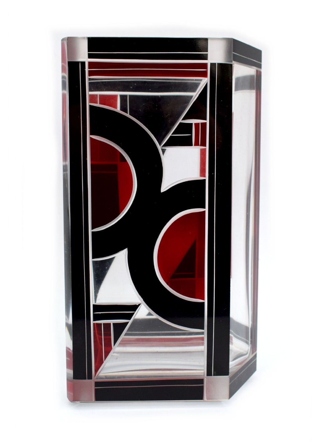 A rectangular clear glass Art Deco vase featuring geometric black and red enamel patterns. View IX