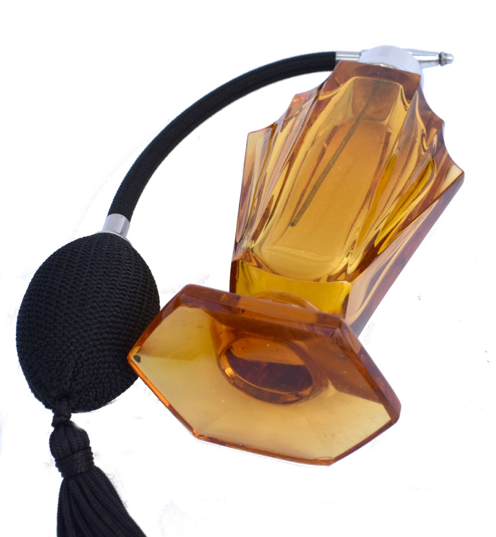 Large Art Deco Amber Glass Perfume Atomiser, c1930 View V