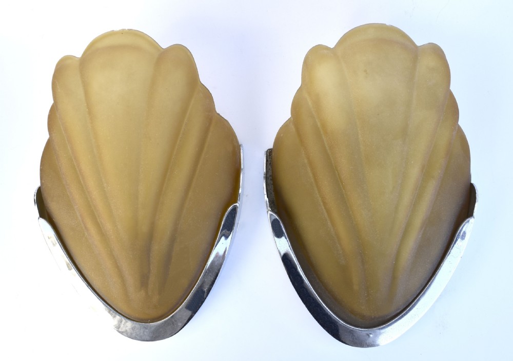 Art Deco Matching Pair Of Glass & Chrome Wall Lights, c1930