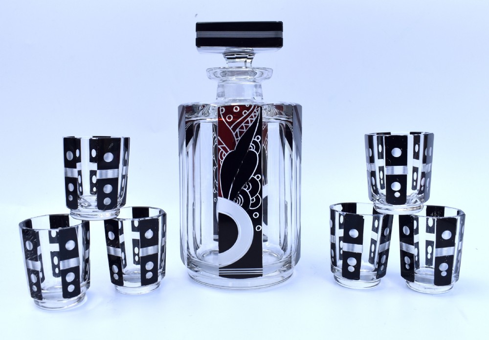 Art Deco 1930's Czech Geometric Glass Decanter Set View V