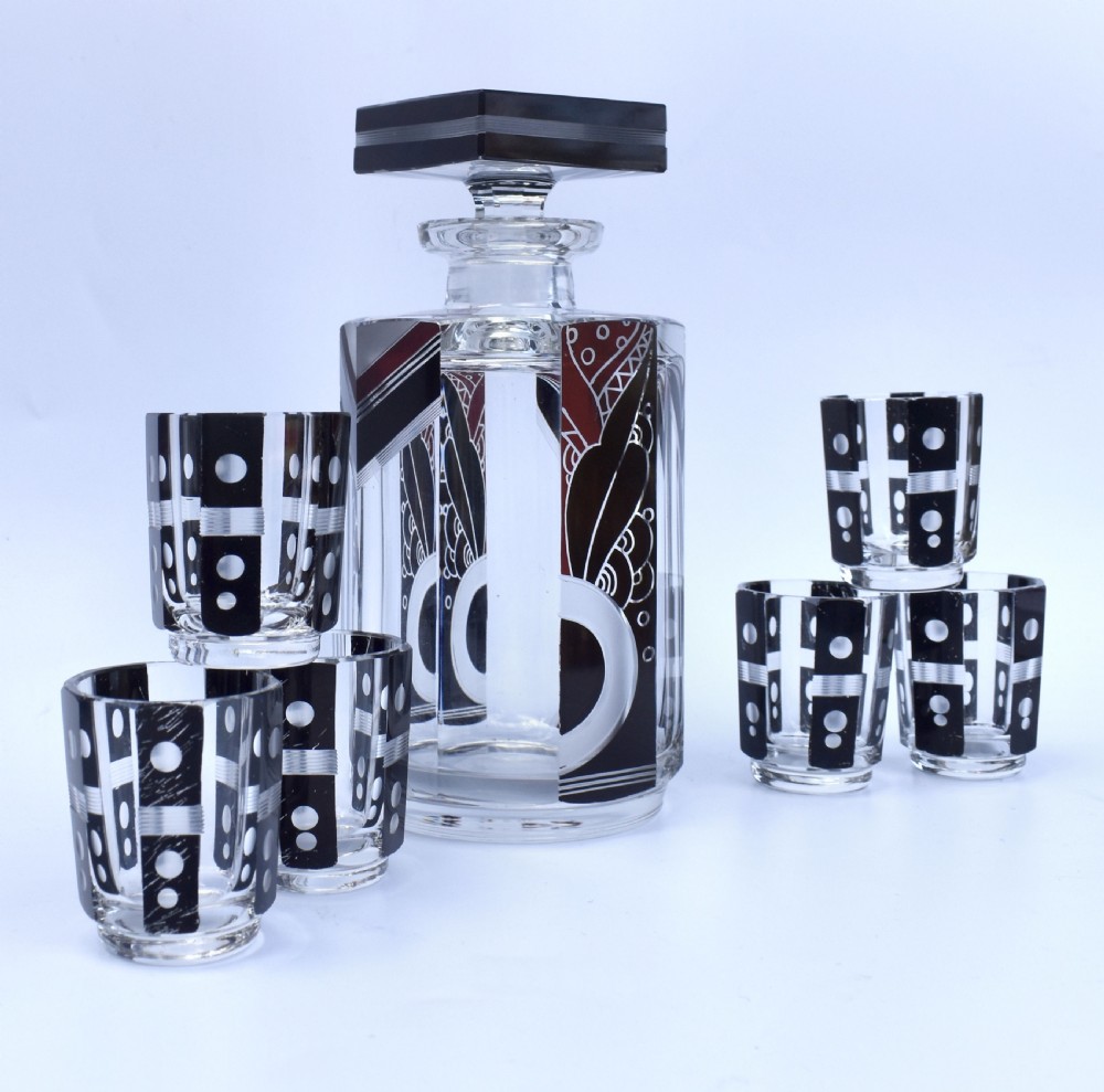 Art Deco 1930's Czech Geometric Glass Decanter Set View VI