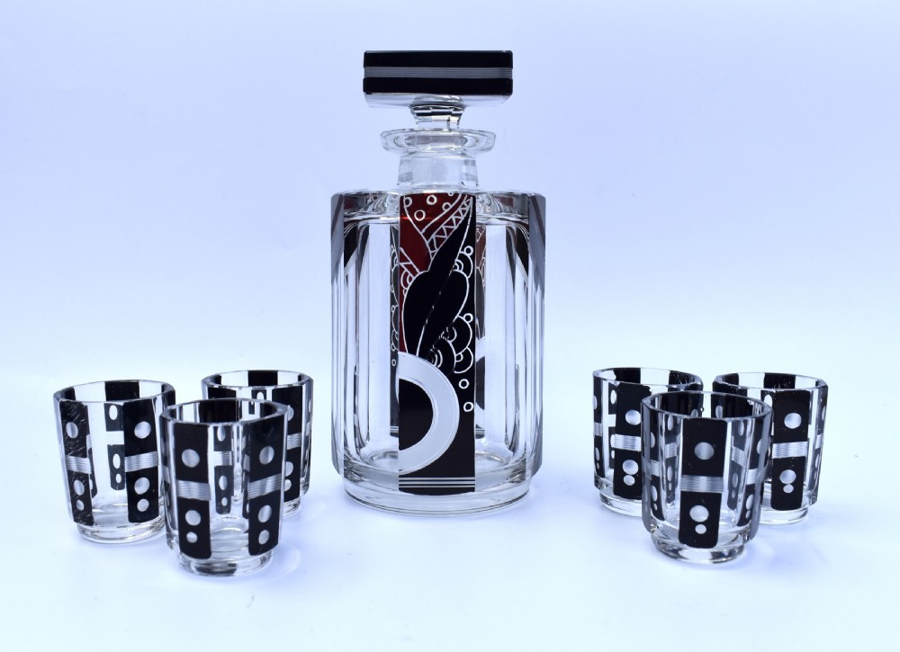 Art Deco 1930's Czech Geometric Glass Decanter Set View VIII