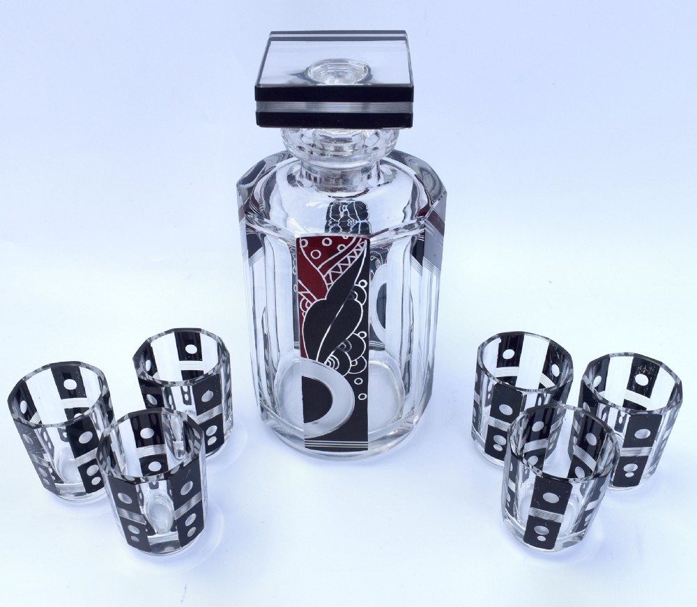 Art Deco 1930's Czech Geometric Glass Decanter Set View IX