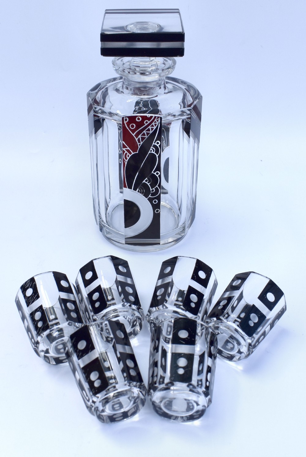 Art Deco 1930's Czech Geometric Glass Decanter Set View XI
