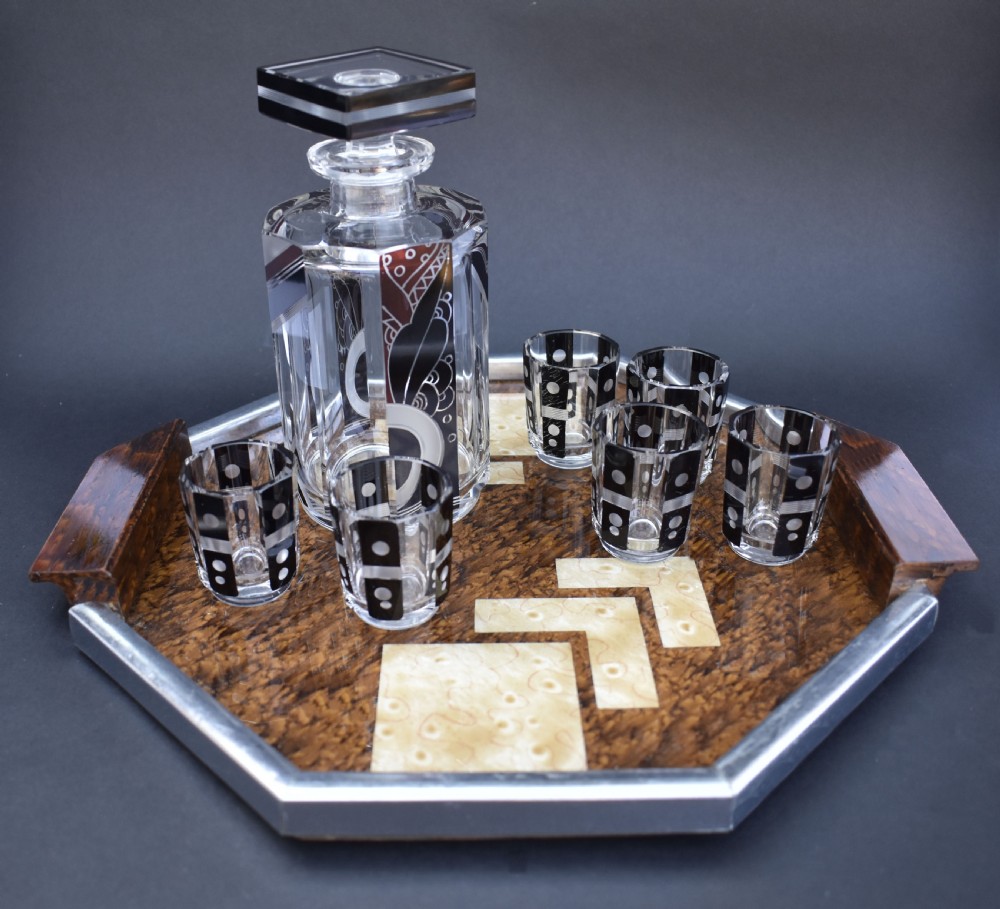 Art Deco 1930's Czech Geometric Glass Decanter Set View XII