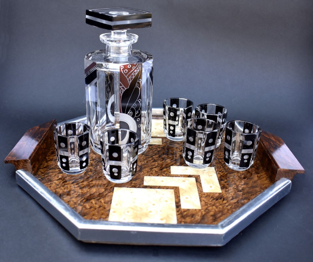 Art Deco 1930's Czech Geometric Glass Decanter Set View XIII
