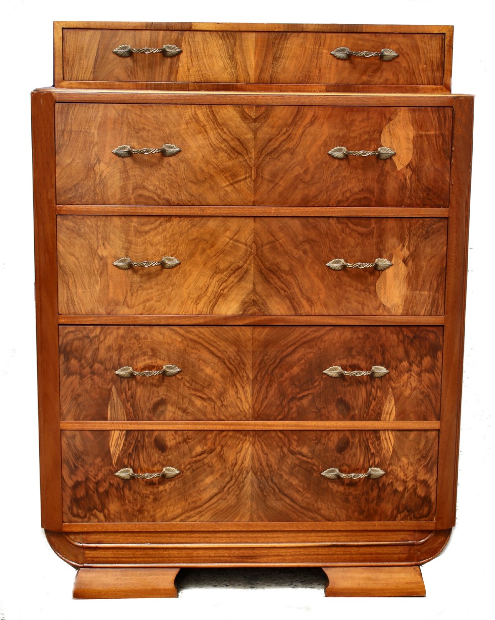 Art Deco Figured Walnut Chest Of Five Drawers, c1930