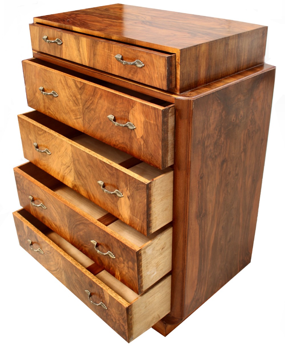 Art Deco Figured Walnut Chest Of Five Drawers, c1930 View III