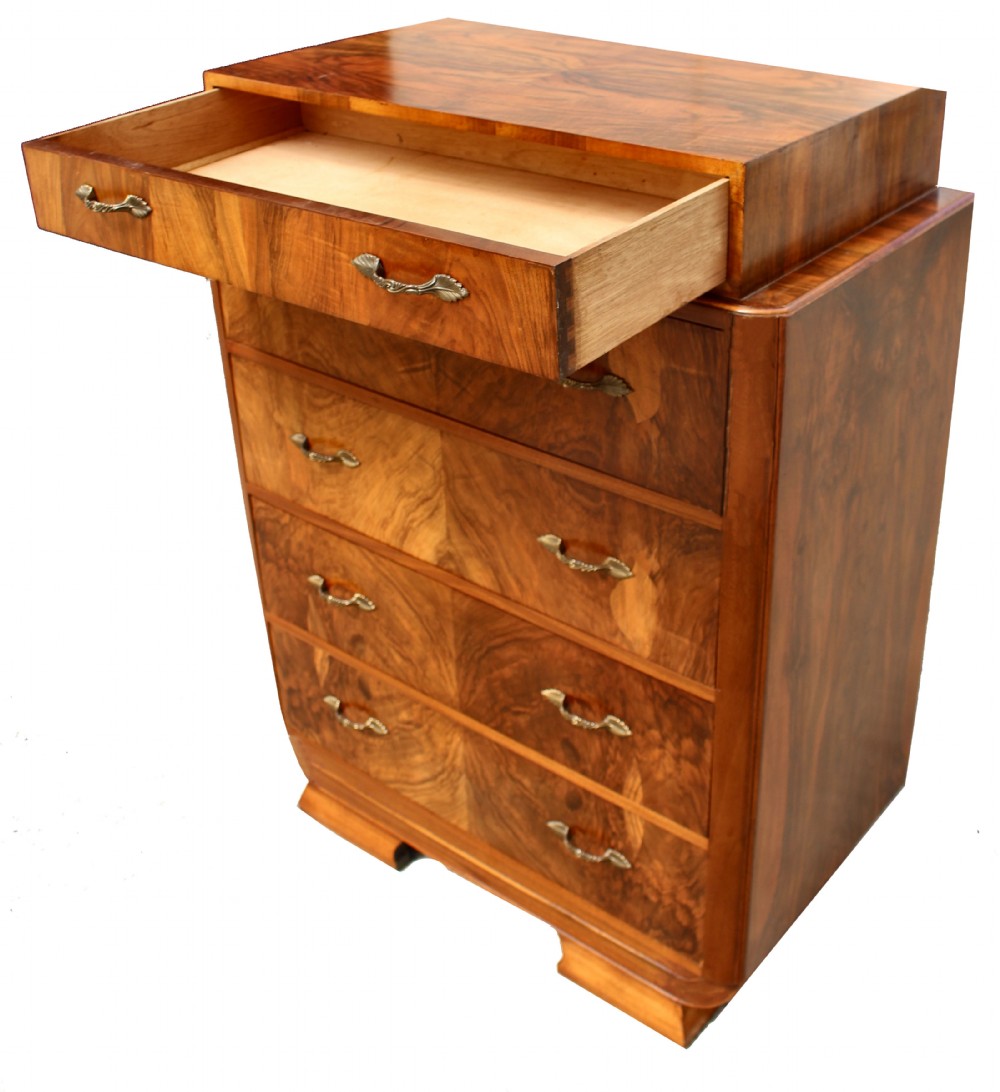Art Deco Figured Walnut Chest Of Five Drawers, c1930 View IX