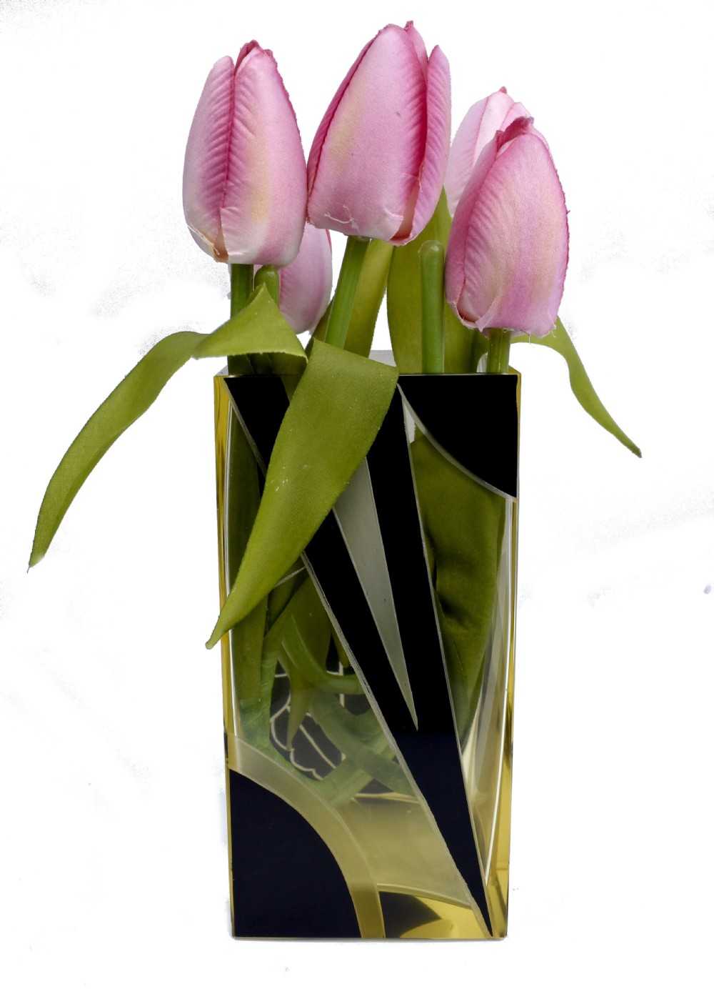 A rectangular Art Deco clear glass vase with a yellow hue, decorated with a stylised geometric black and etched enamel design. View VII