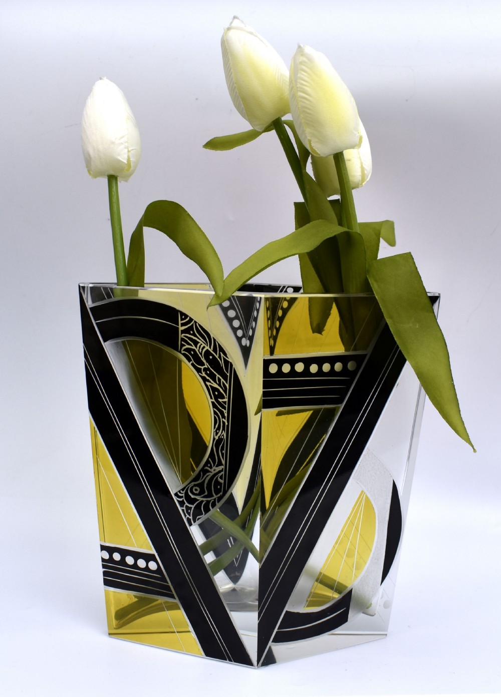 Art Deco Glass & Enamel Etched Vase