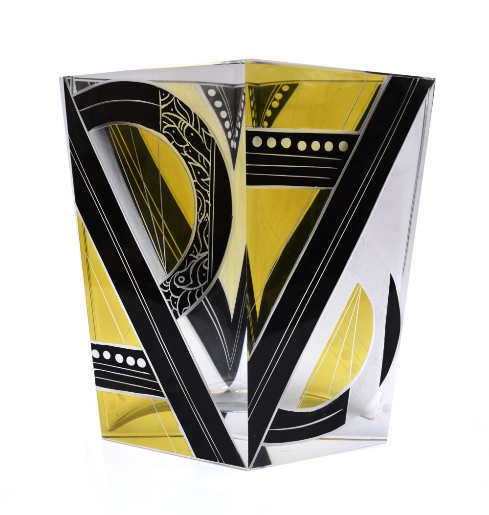 Art Deco Glass & Enamel Etched Vase View XI