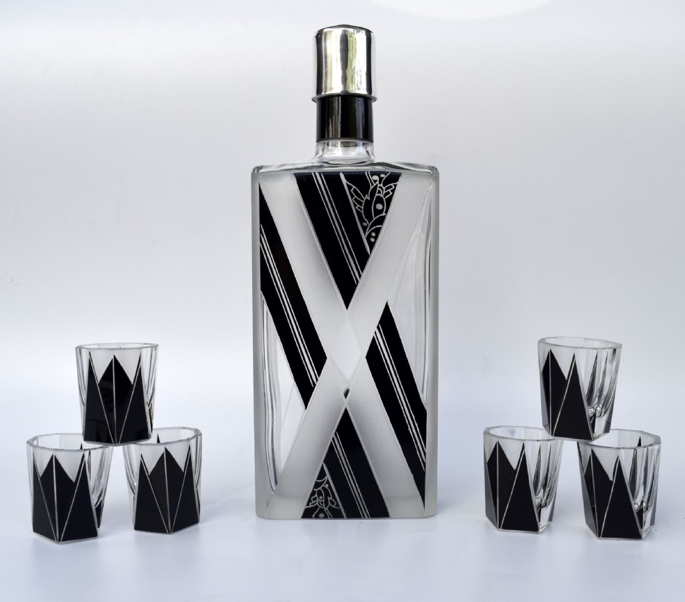 Art Deco Black Enamel Liquor Glass Set, c1930 View X