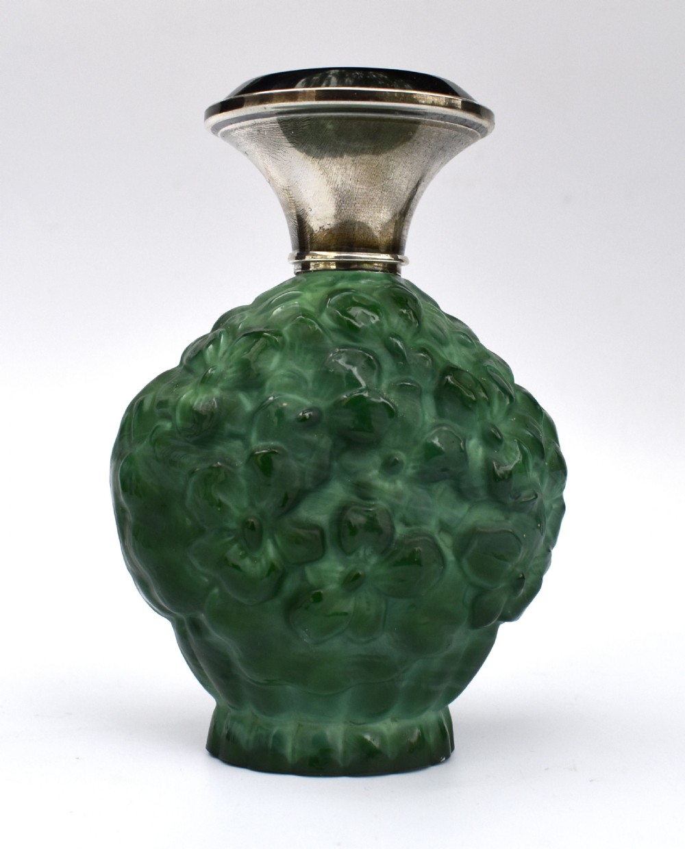 Art Deco Green Malachite Glass & Silver Perfume Bottle, c1930