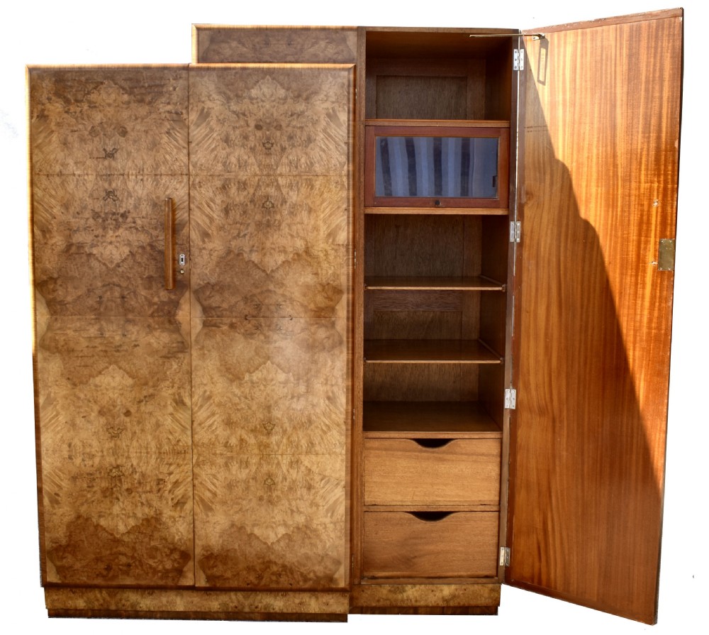 Art Deco Burl Walnut Two Tier Double Wardrobe, c1930 View X