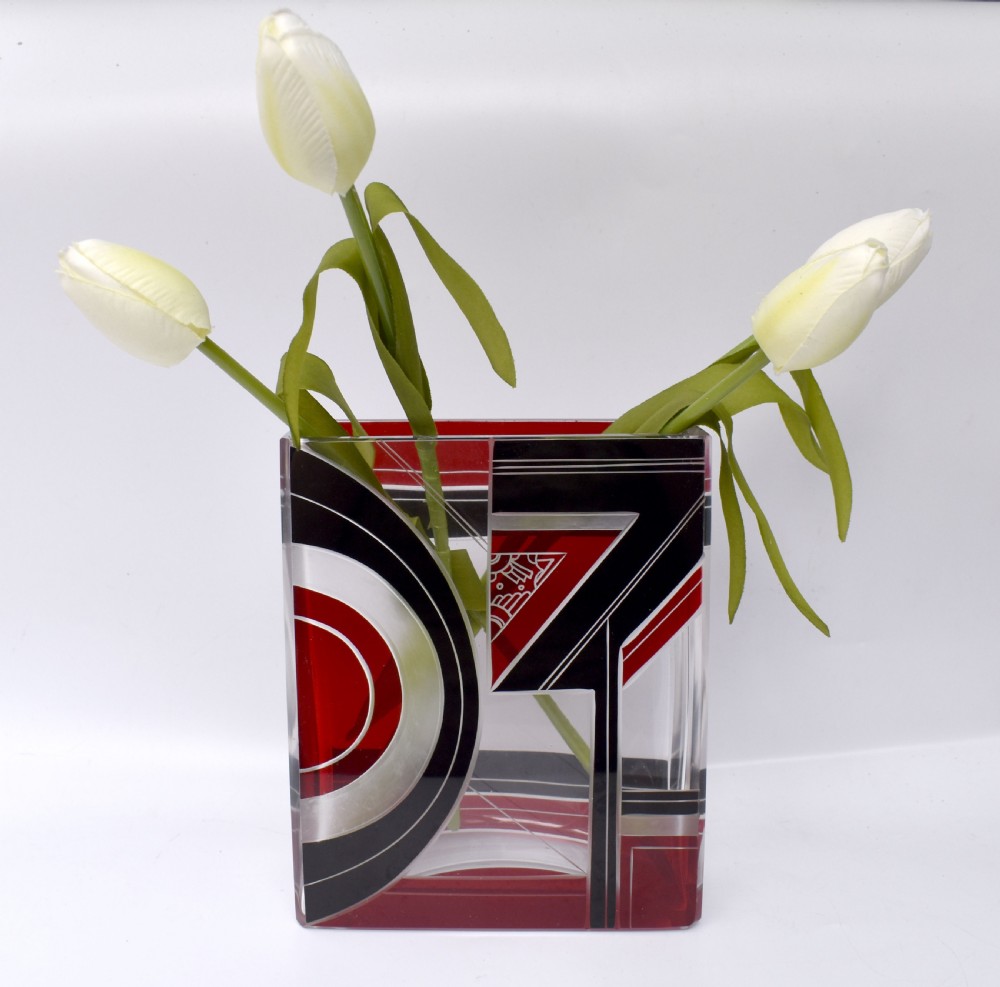 Art Deco Glass & Enamel Etched Vase