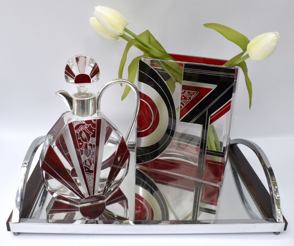 Art Deco Glass & Enamel Etched Vase View X