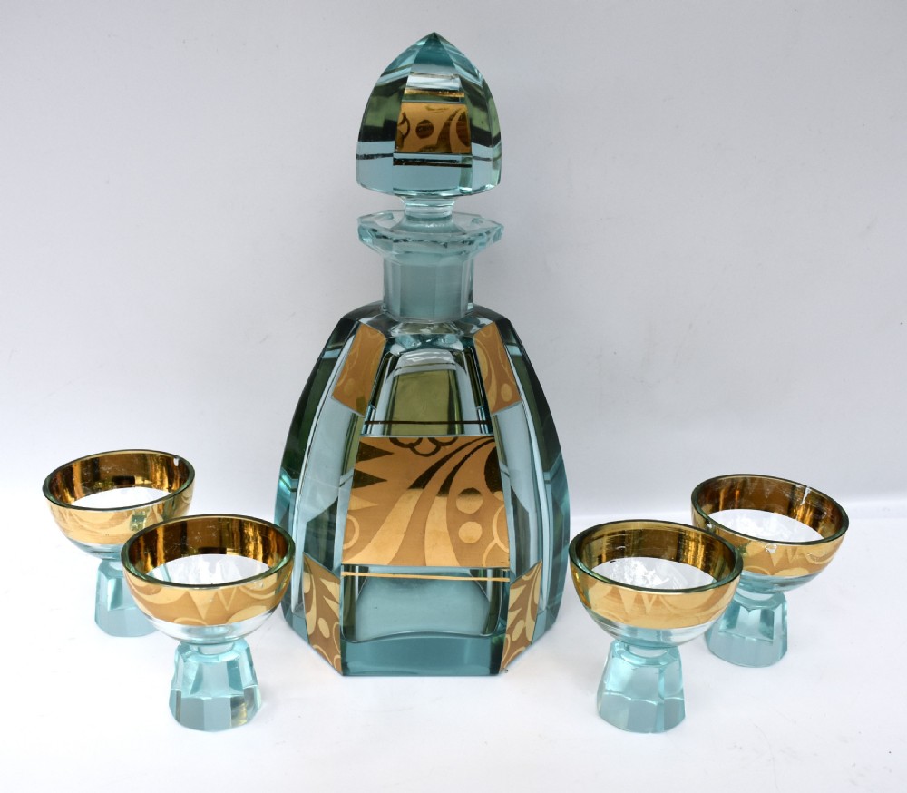 Art Deco Glass Decanter Set, Czech, c1930s 