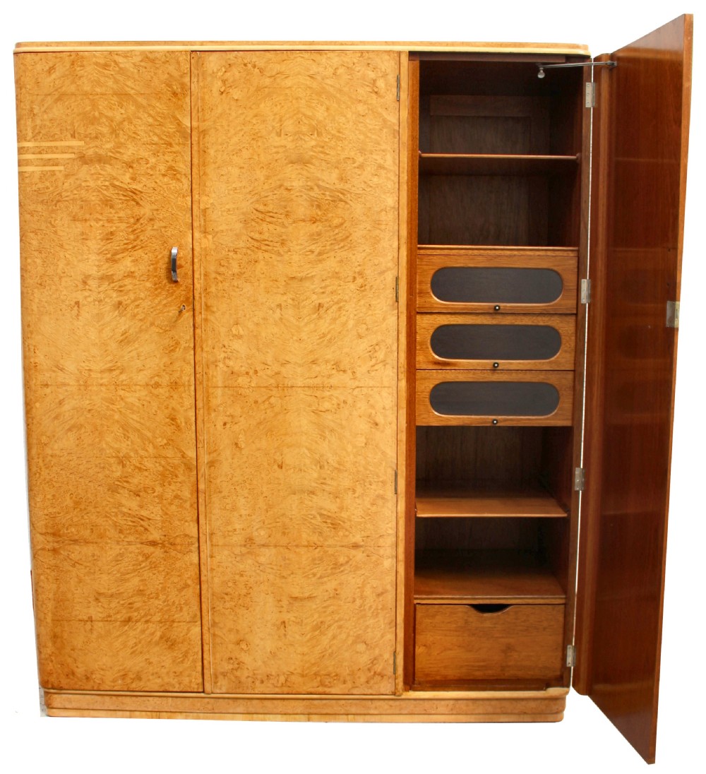 Art Deco Triple Birds Eye Maple Wardrobe , c1930