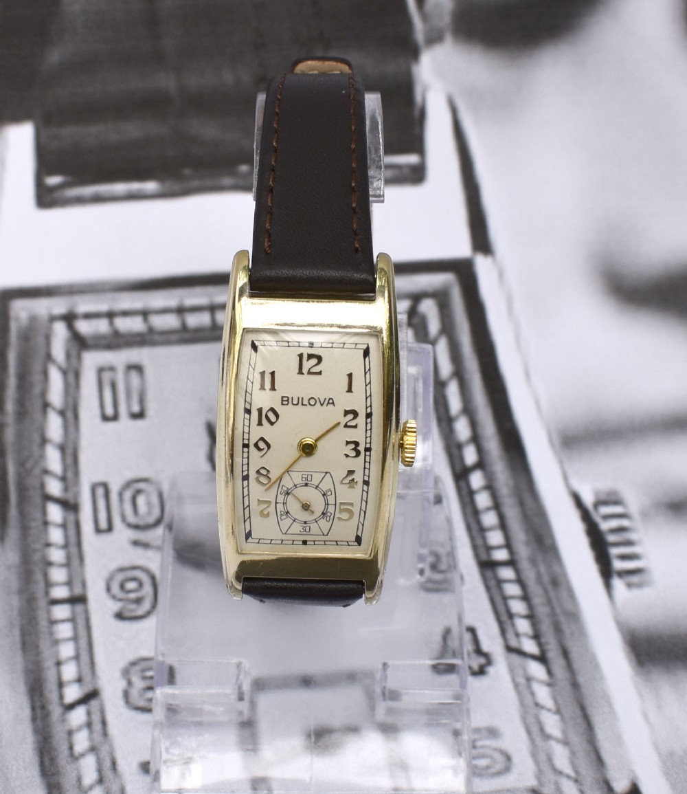 Art Deco Gents 10k R Gold Wristwatch by Bulova, 'Minute Man' c1937, Serviced