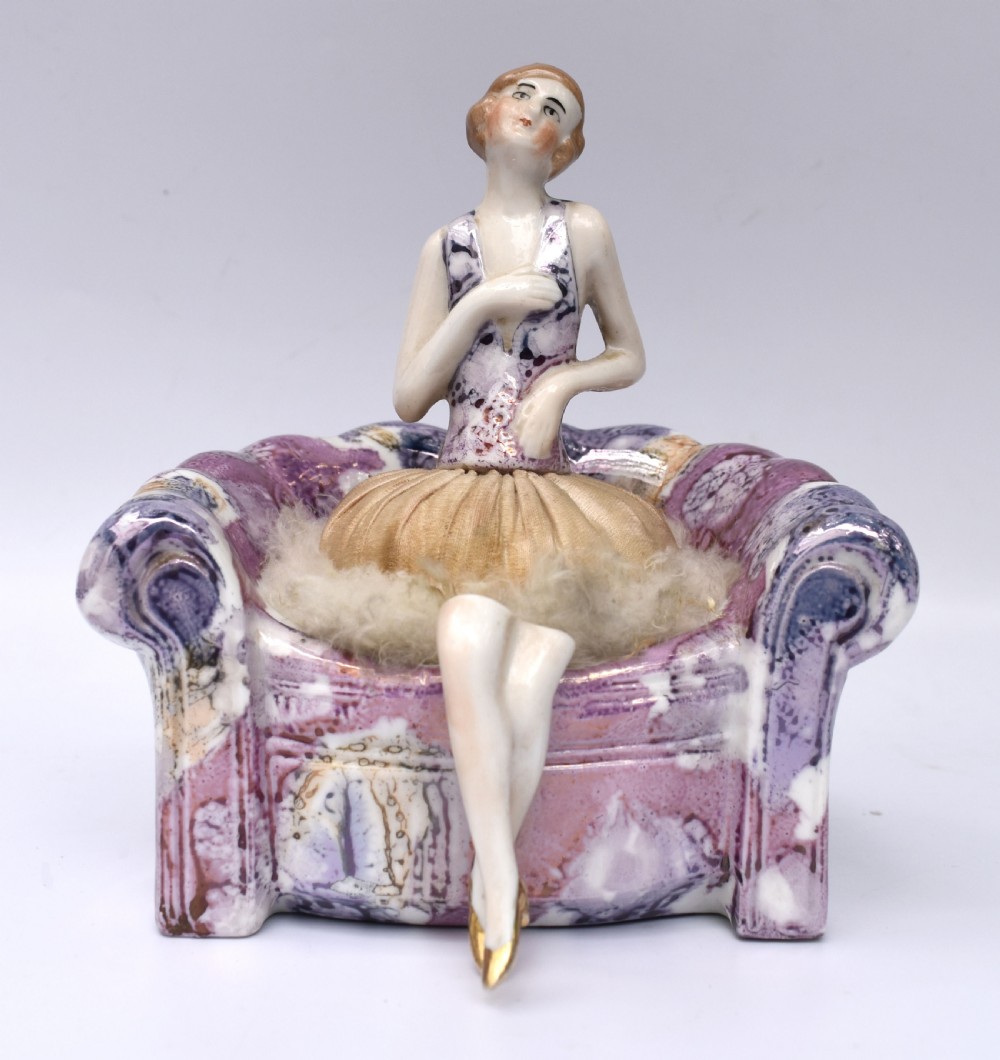 Art Deco Ceramic Flapper Powder Puff Stand, C1930