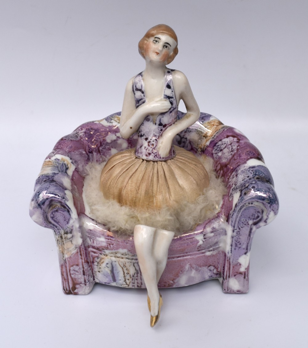 Art Deco Ceramic Flapper Powder Puff Stand, C1930 View II
