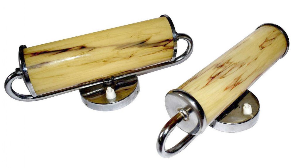Art Deco Pair of  Chrome & Glass Modernist Wall Light Sconces, c1930