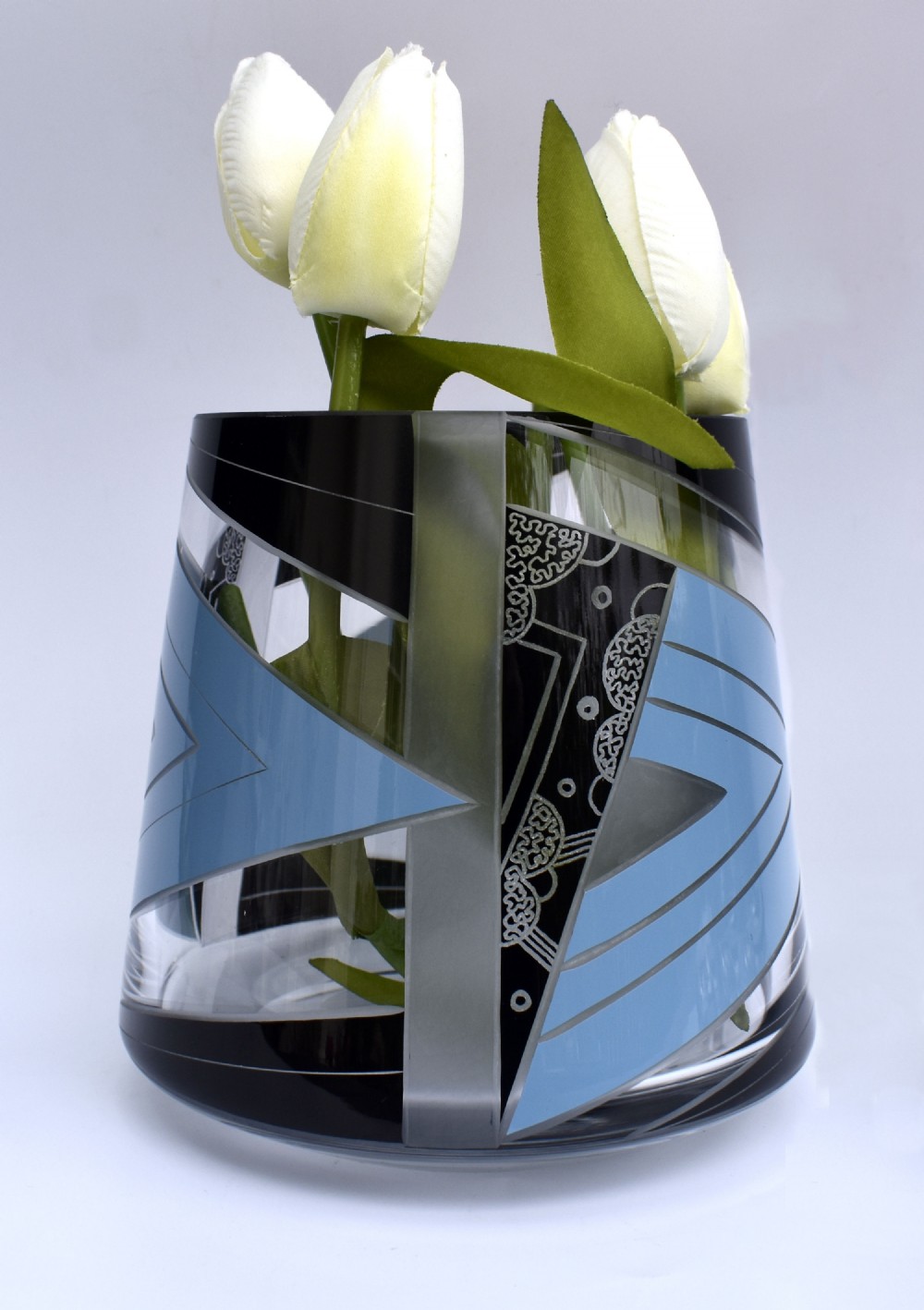 Art Deco Glass & Enamel Etched Vase, c1930