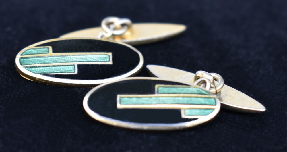 Art Deco Modernist Matching Pair Of Enamel Gents Cufflinks, c1930