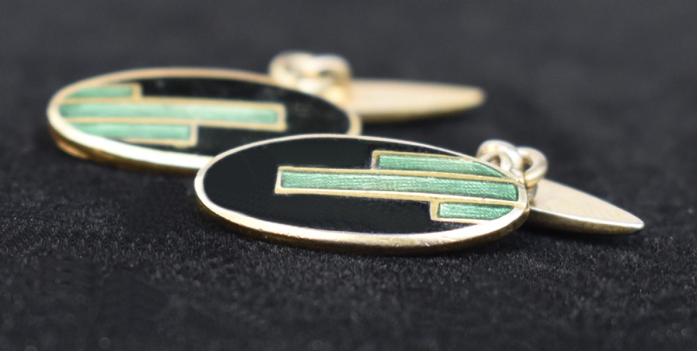 Art Deco Modernist Matching Pair Of Enamel Gents Cufflinks, c1930 View III