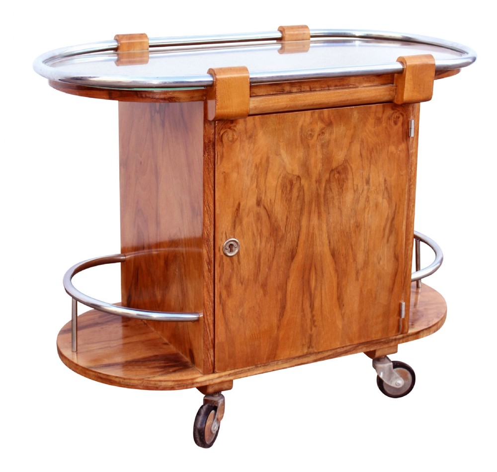 Art Deco French Walnut & Chrome Cocktail Bar Cart, c1930