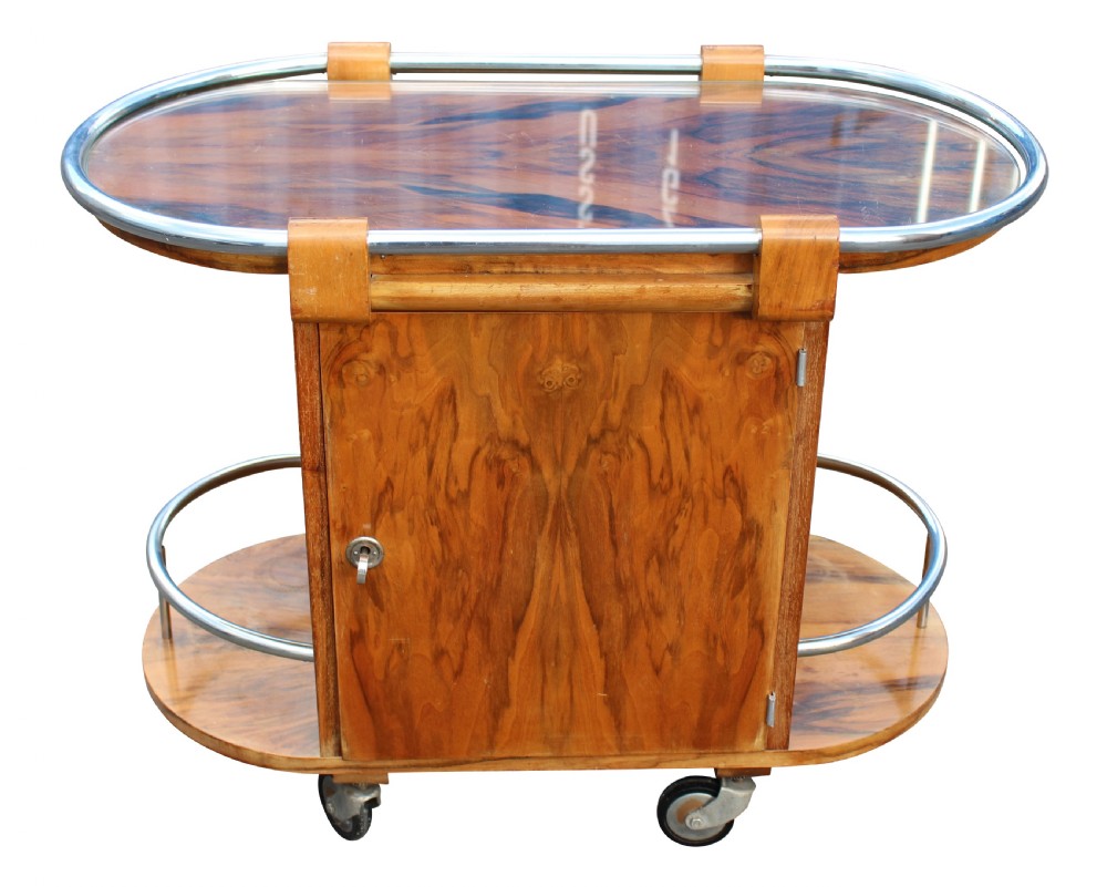 Art Deco French Walnut & Chrome Cocktail Bar Cart, c1930 View II