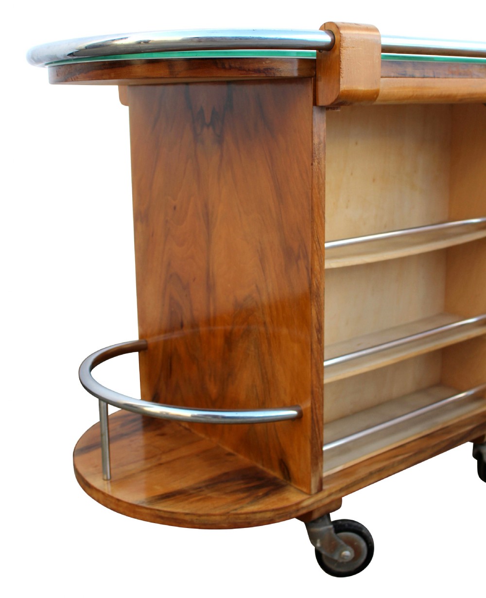 Art Deco French Walnut & Chrome Cocktail Bar Cart, c1930 View X