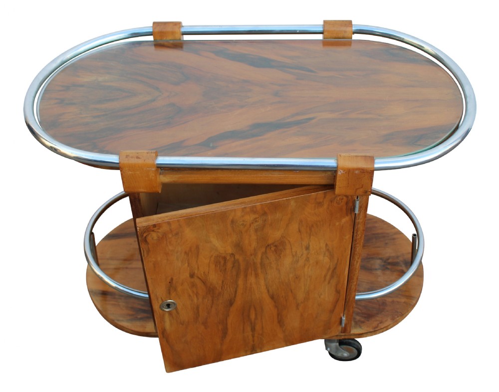 Art Deco French Walnut & Chrome Cocktail Bar Cart, c1930 View XI