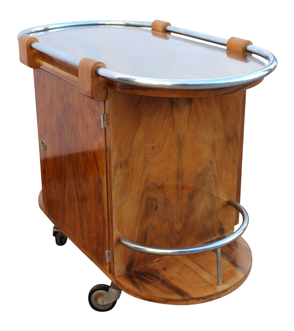 Art Deco French Walnut & Chrome Cocktail Bar Cart, c1930 View XV