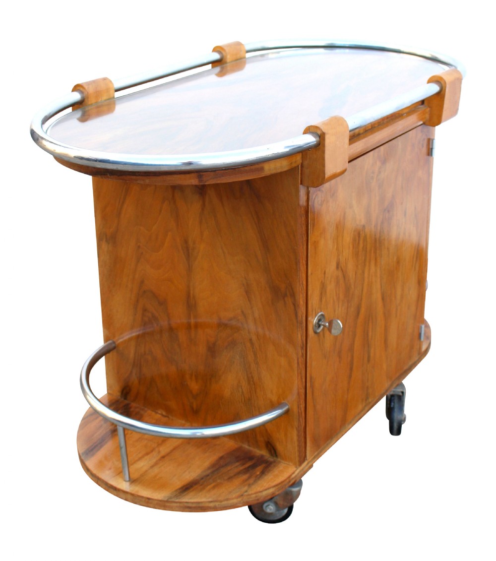 Art Deco French Walnut & Chrome Cocktail Bar Cart, c1930 View XVI
