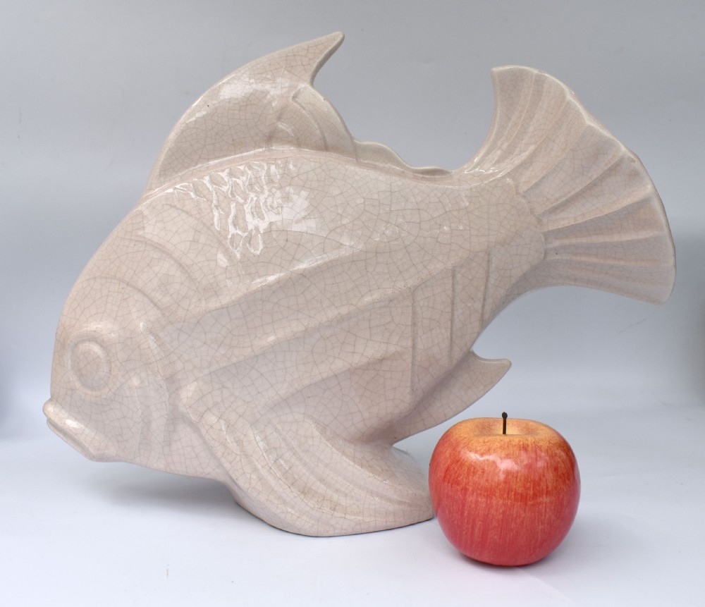 Art Deco Huge Ceramic Crackle Glazed Fish, Signed LEJAN, c1930 View II
