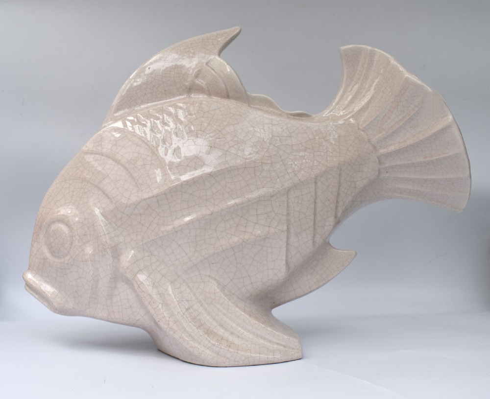 Art Deco Huge Ceramic Crackle Glazed Fish, Signed LEJAN, c1930