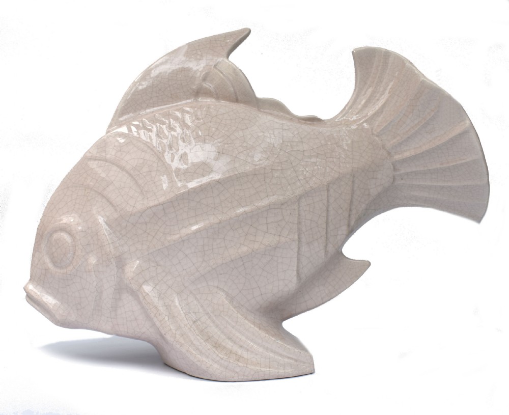 Art Deco Huge Ceramic Crackle Glazed Fish, Signed LEJAN, c1930 View III
