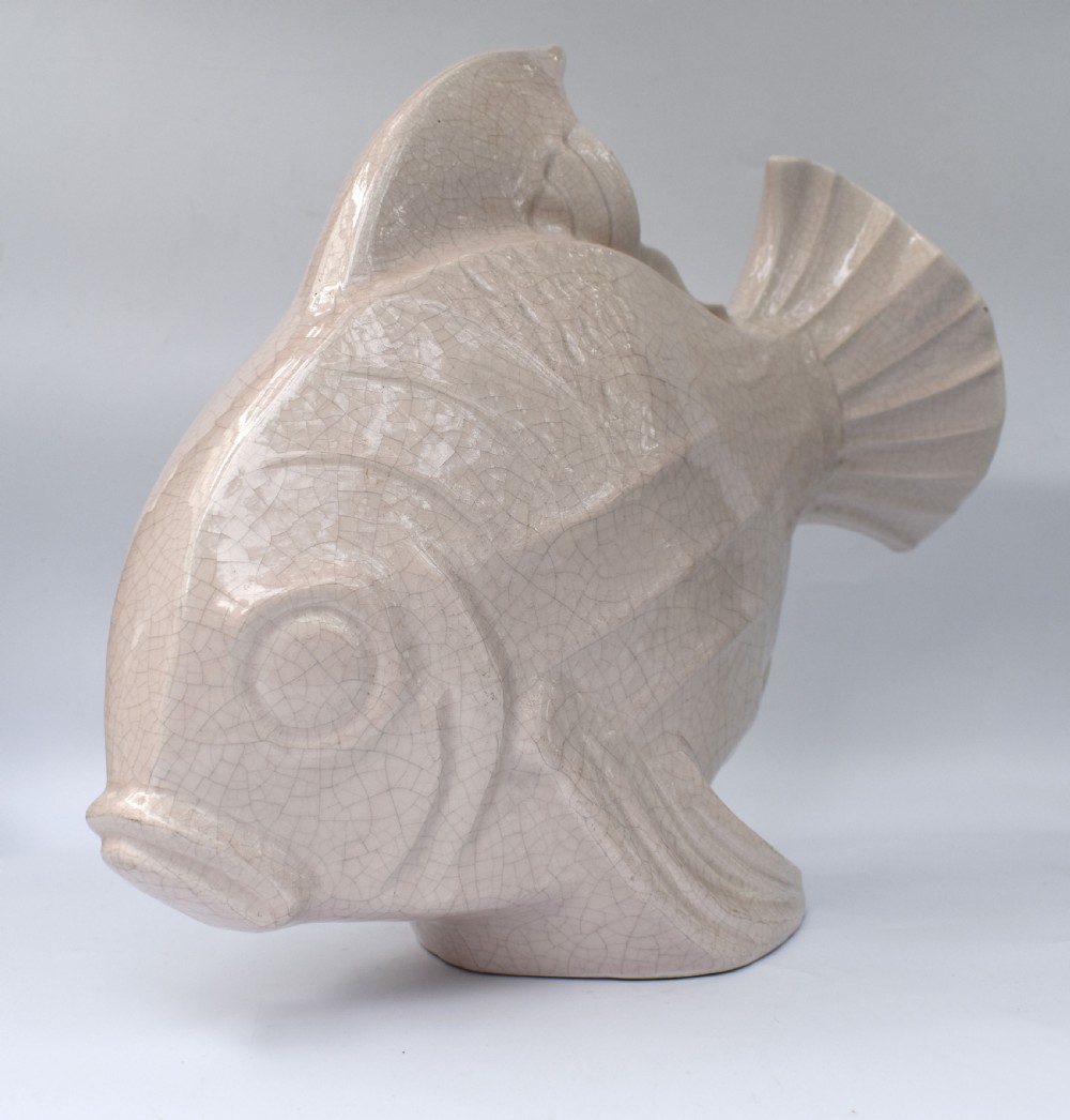 Art Deco Huge Ceramic Crackle Glazed Fish, Signed LEJAN, c1930 View IV