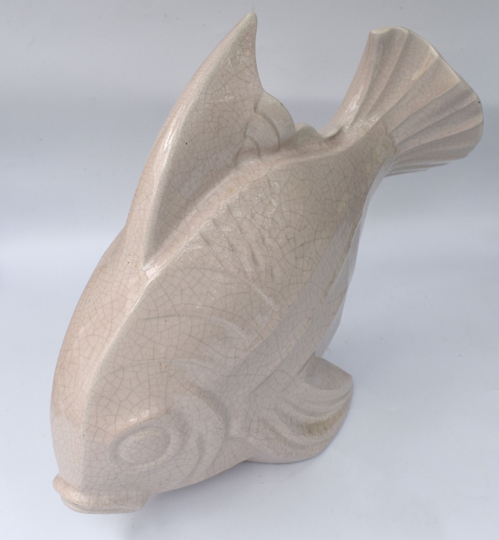 Art Deco Huge Ceramic Crackle Glazed Fish, Signed LEJAN, c1930 View V