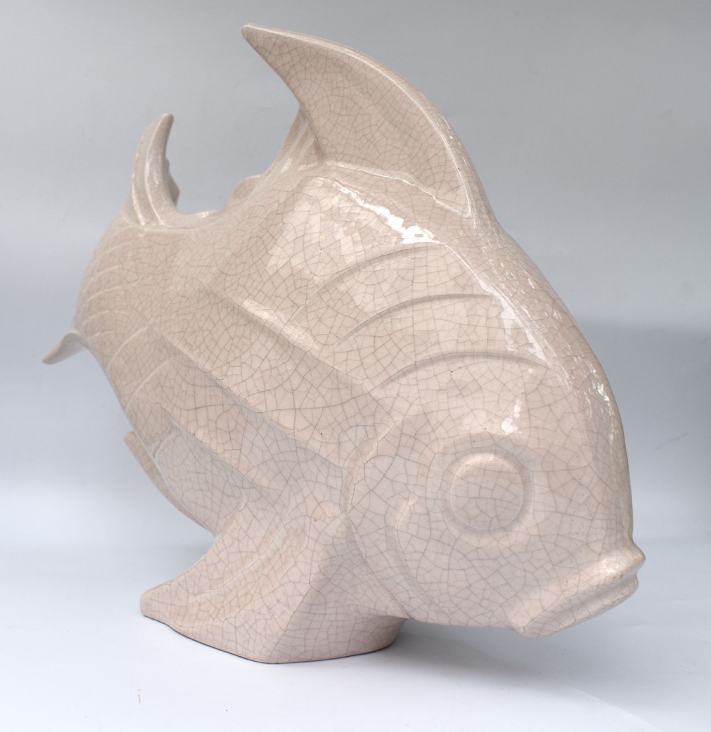 Art Deco Huge Ceramic Crackle Glazed Fish, Signed LEJAN, c1930 View VI