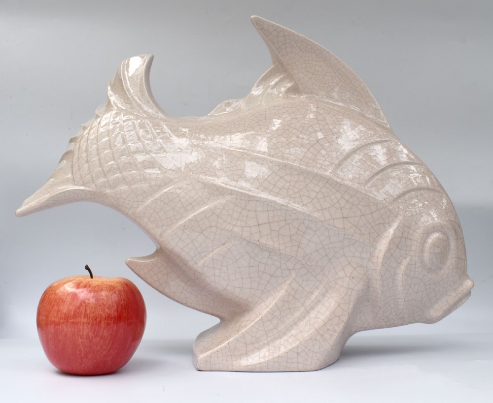 Art Deco Huge Ceramic Crackle Glazed Fish, Signed LEJAN, c1930 View VII
