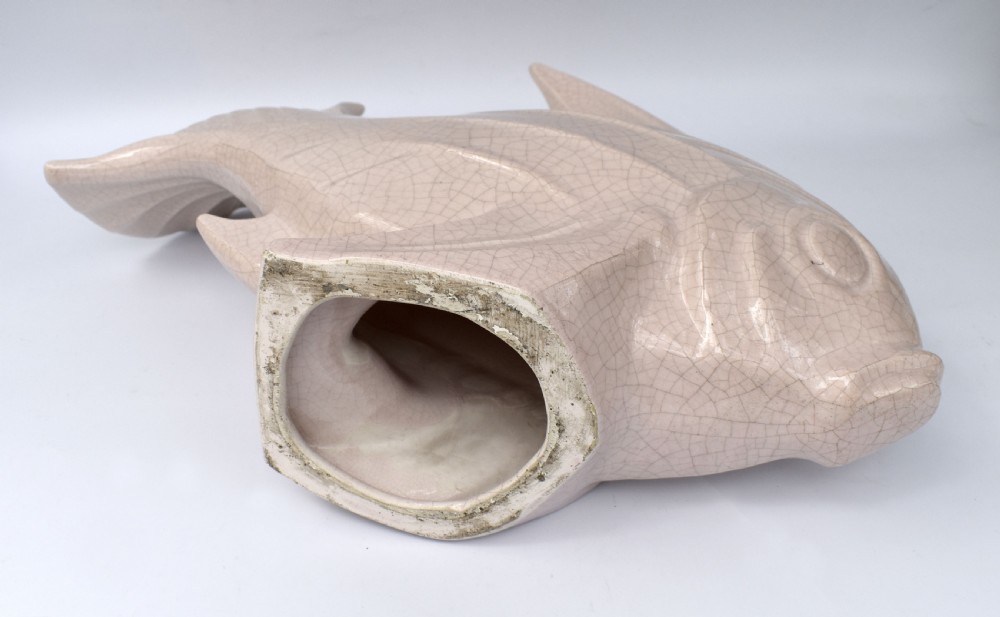 Art Deco Huge Ceramic Crackle Glazed Fish, Signed LEJAN, c1930 View VIII