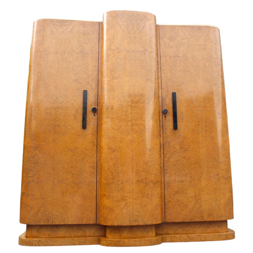 Art Deco Blonde Burr Maple Triple Wardrobe, c1930 View XI
