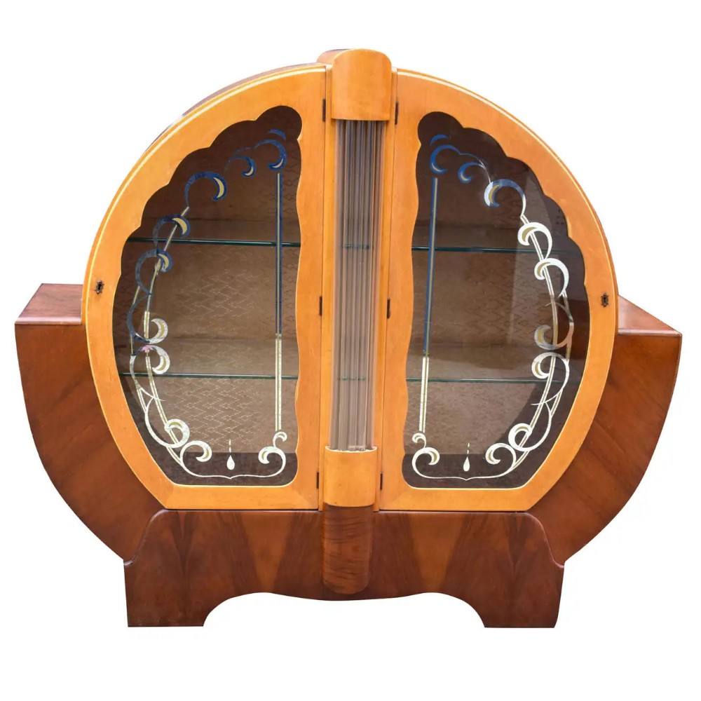 Art Deco Two Tone Maple and Walnut Display Cabinet