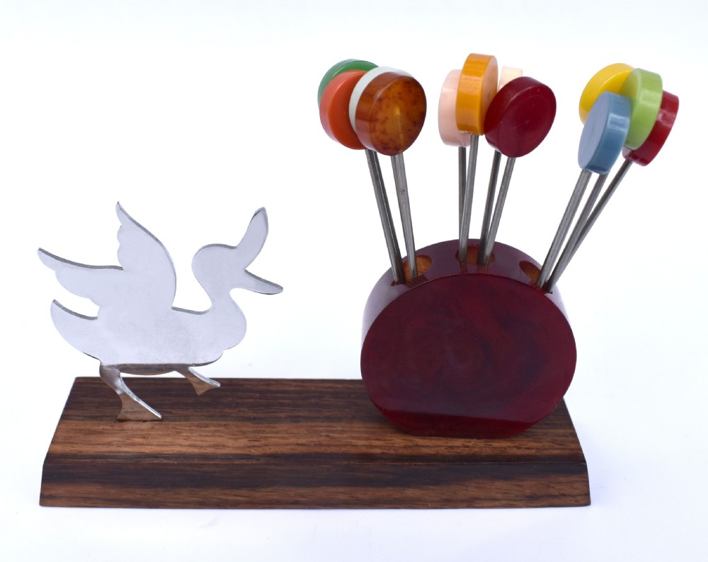 Art Deco Novelty Bakelite & Chrome Cocktail Stick Set, French, c1930 View V