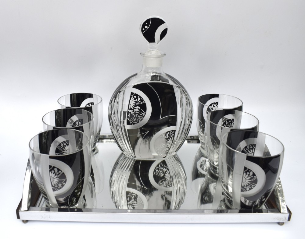 Art Deco Cut Glass & Enamel Decanter Set by Karl Palda, c1930 View III