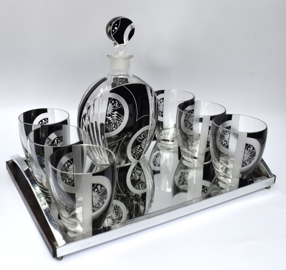 Art Deco Cut Glass & Enamel Decanter Set by Karl Palda, c1930 View IV