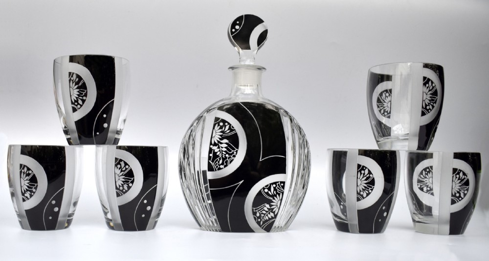 Art Deco Cut Glass & Enamel Decanter Set by Karl Palda, c1930 View X
